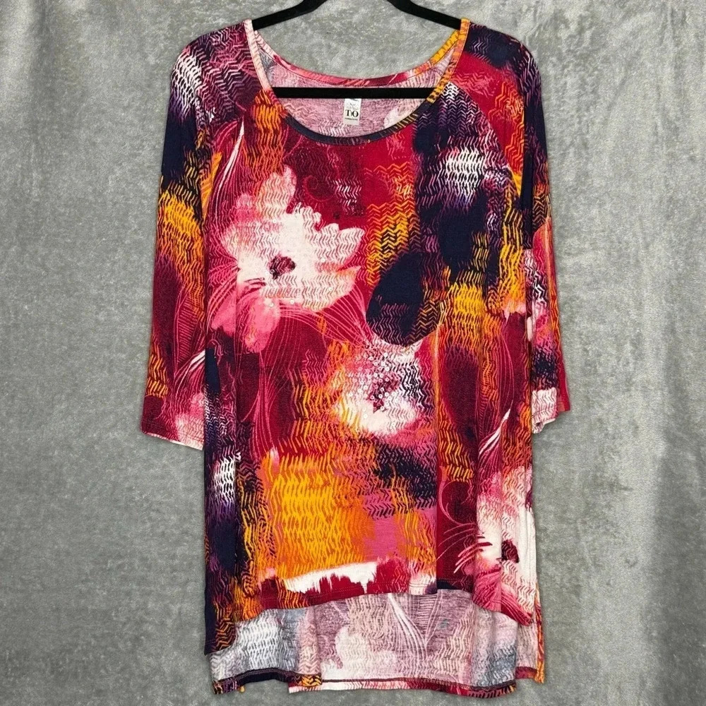 Thomas & Olivia XL Shirt Top Pink Floral Flower 3/4 Sleeve Scoop Neck High Low